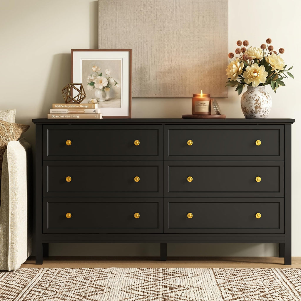 6 Drawer Black Dresser with Gold Handles, 55" Modern Dressers