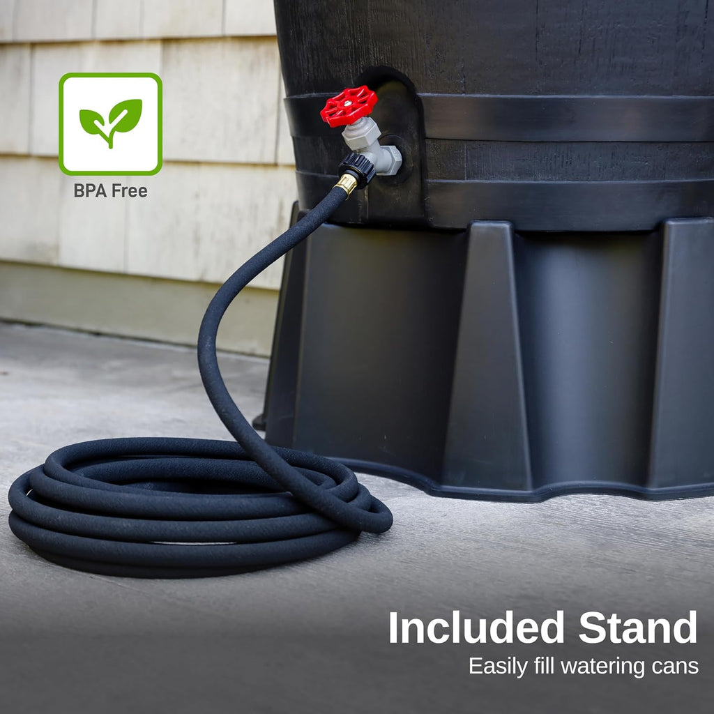 50-Gallon ECO Rain Barrel Made with 100% Recycled Plastic, Flat Back Rain Water Collection Barrel, Stand Included