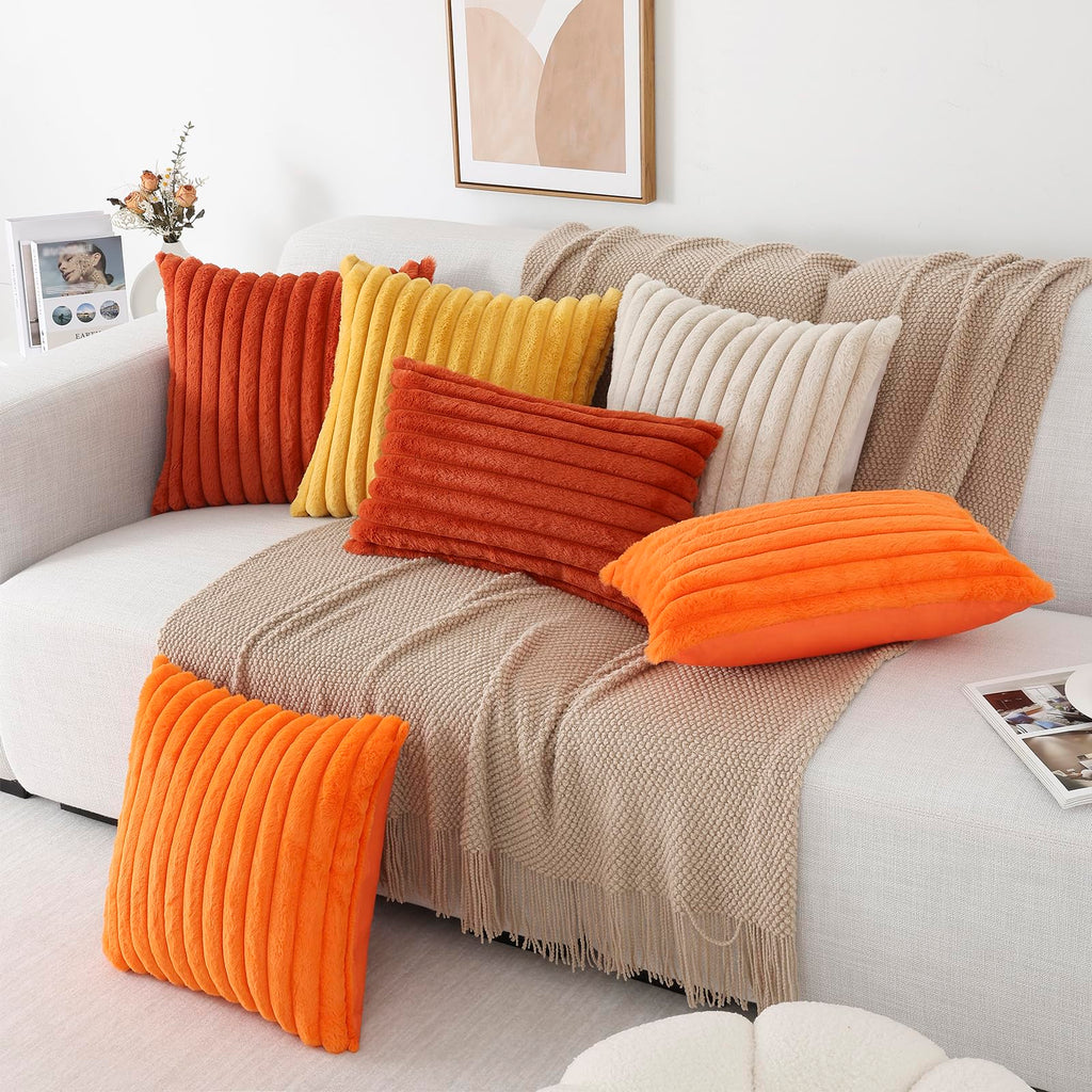 Faux Fur Fall Throw Pillow Covers 22x22 Set of 2, Burnt Orange
