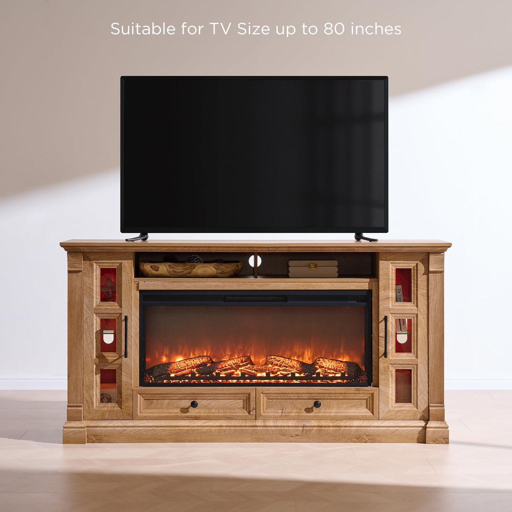 70" Farmhouse TV Stand with 42" Electric Fireplace, Light Knotty Oak