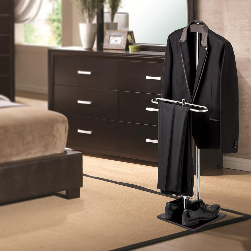 Brown Wood Metal Valet Suit Stand Garment Organizer Rack