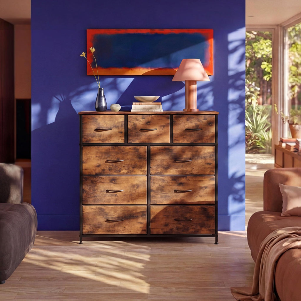 Tall Dresser, 9 Drawer Chest of Drawers, Rustic Brown