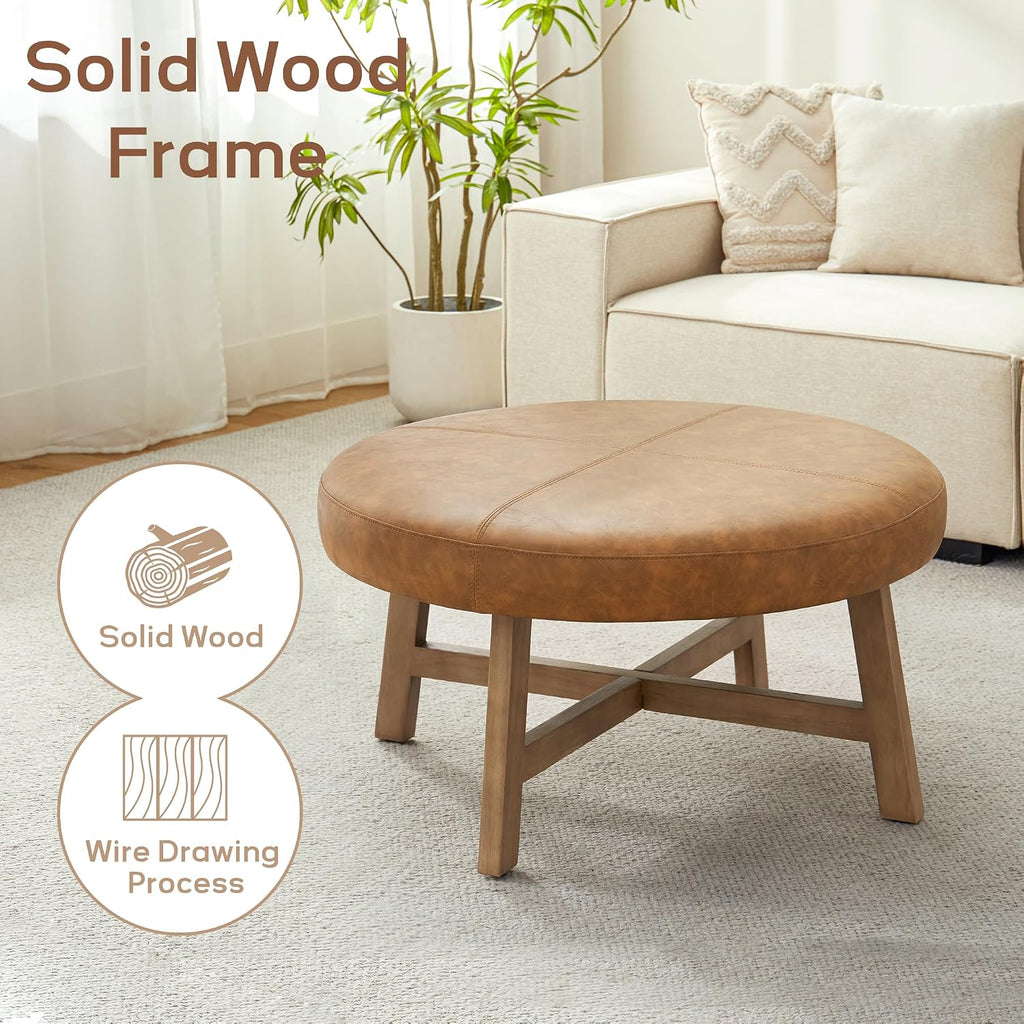 33 Inch Round Coffee Table, Leather Ottoman (Brown) | Upholstered Round Ottoman Easy to Assemble, Mid Century Modern