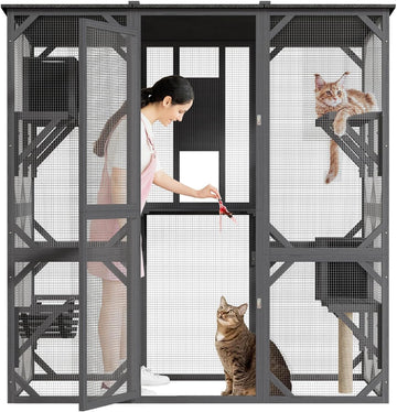 70'' Large Walk-in Catio, Outdoor Wood Cat Enclosure Window Access for Multiple Cats with Asphalt Roof, Feral Cat