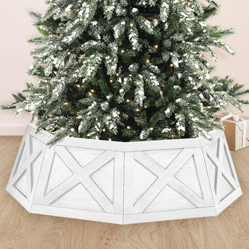 Wooden Christmas Tree Collar, 8 Panels 29'' Octagon White Christmas Tree Base Cover Decor for Artificial Tree, Rustic