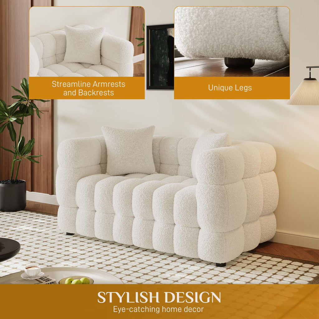 55" Boucle Cloud Loveseat with 2 Pillows, Beige White