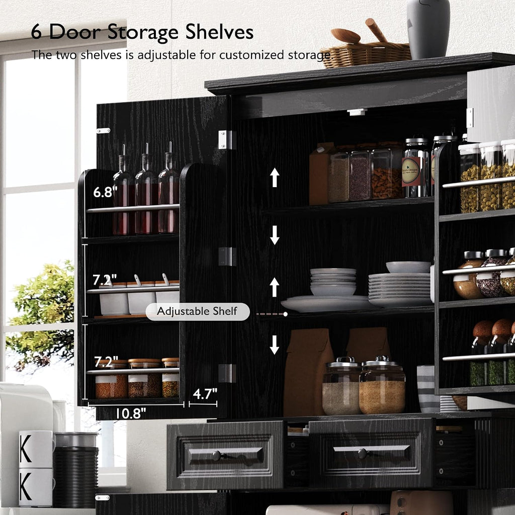 Farmhouse Pantry Cabinet with Drawers and Door Shelves, Black | Farmhouse Pantry Cabinet, Tall Storage Cabinet With
