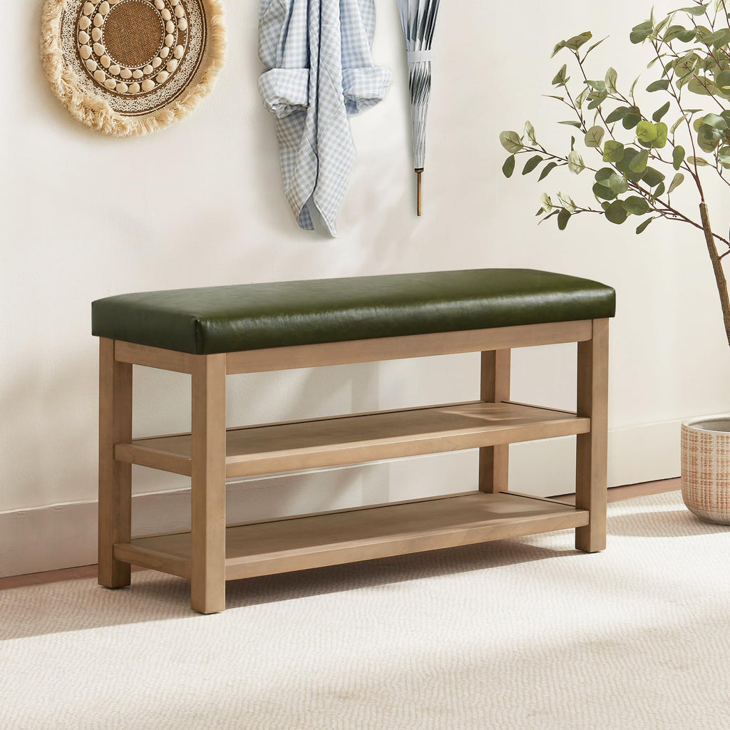 Shoe Rack Bench with Leather Cushion, 2 Tier Solid Wood Storage Bench, Mid-Century Modern Shoe Bench, Closet, Front
