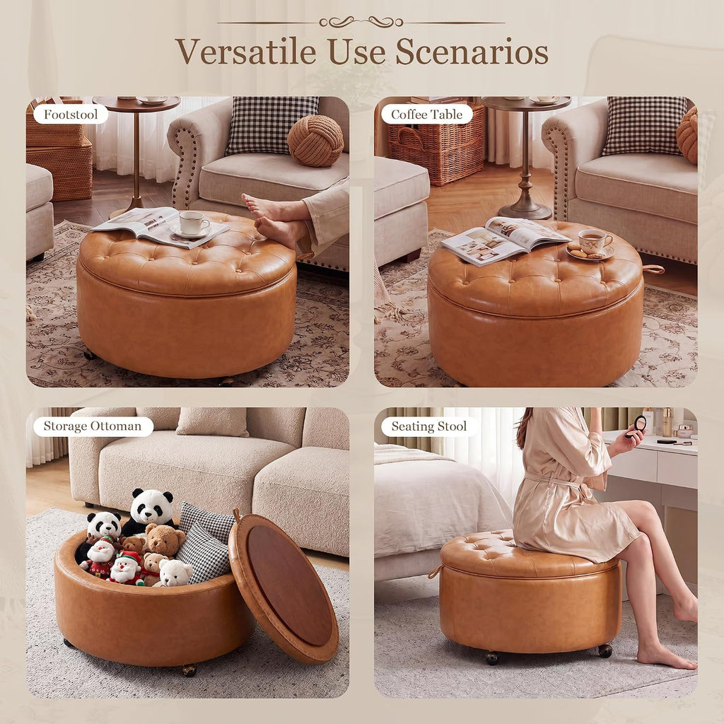 29" Large Round Storage Ottoman with Tray , Camel | Round Ottoman Coffee Table with Storage, Poofs/Ottomans Footrest