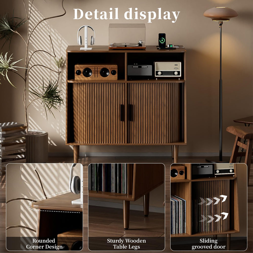 Record Player Stand with Vinyl Storage, Mid Century Modern Vinyl Storage Cabinet with Power Outlet and Sliding Doors