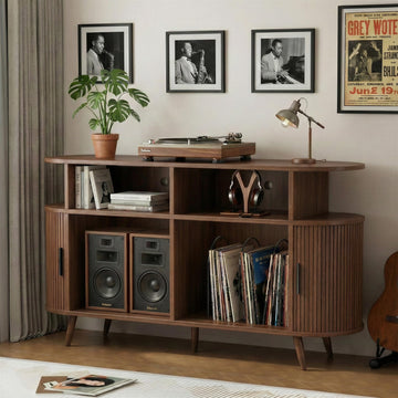 Large Record Player Stand with Storage, Media Stereo Shelf Charging, Walnut
