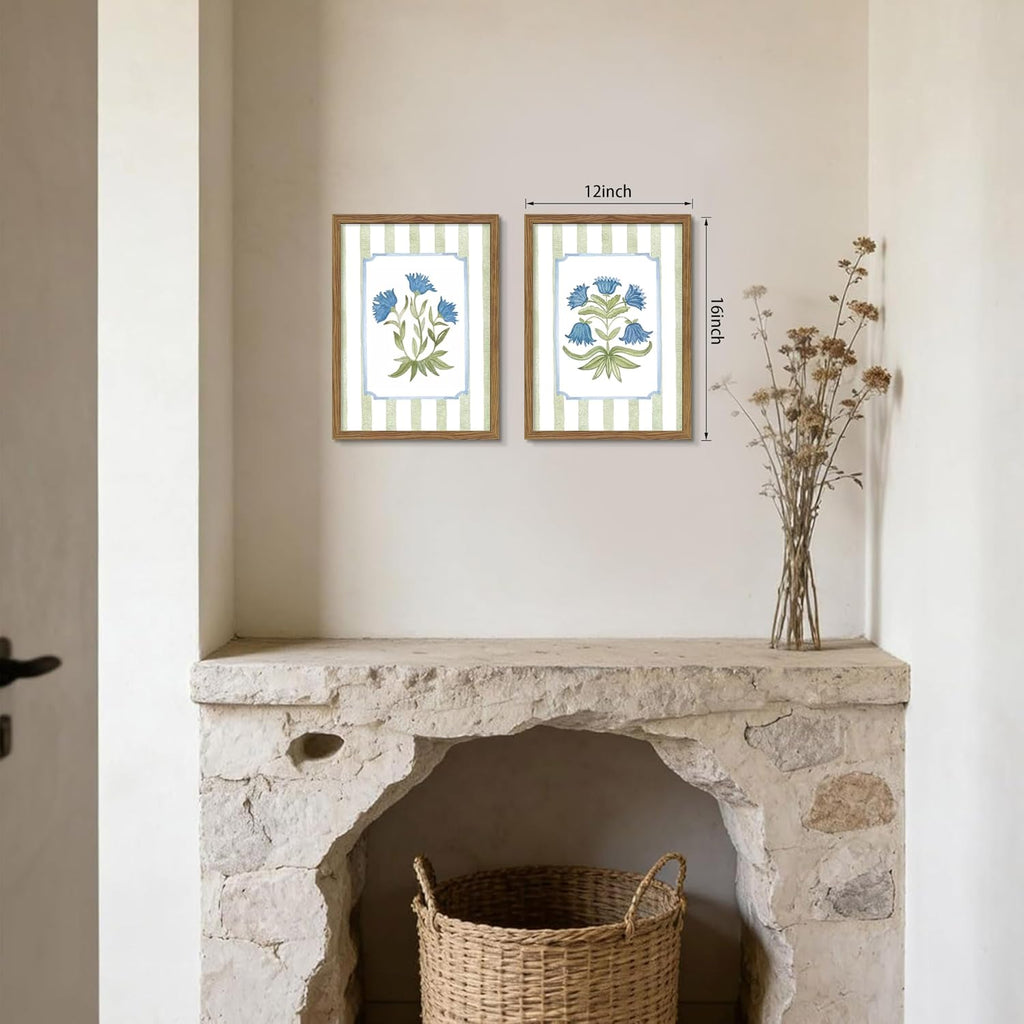 Framed Floral Wall Art Set of 2, Vintage Blue Flower Botanical Canvas Wall Decor Paintings, Cottagecore Stripe