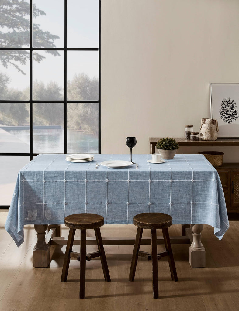 Grid Embroidered Rectangle Hemmed Tablecloths 60x104in, Blue
