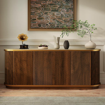 Sideboard Buffet Cabinet with Storage,Mid Century Modern Credenza,Walnut | Faux Marble Top,Diagonal Fluted