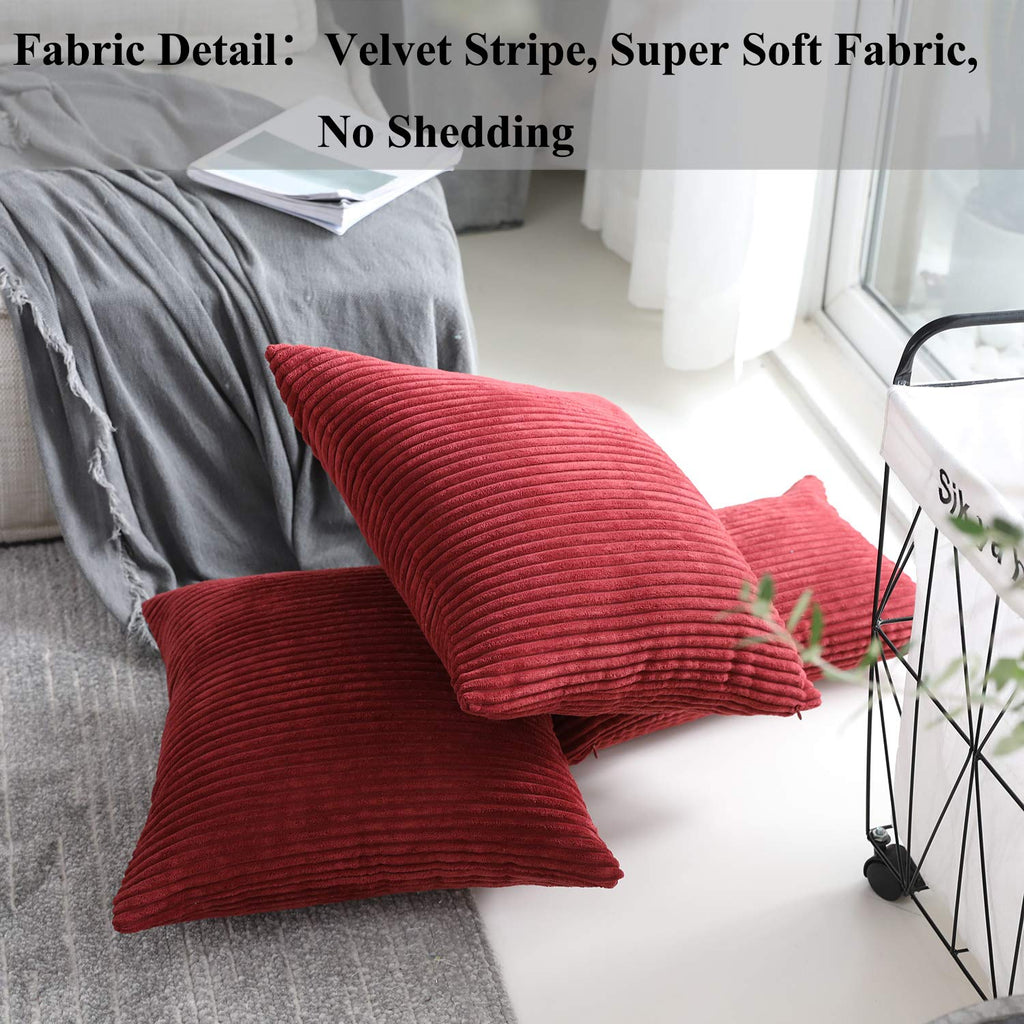 Set of 2 Decorative Pillow Covers Red Striped Corduroy Velvet Square 20x20 Pillow Covers Bedroom Holiday Decor