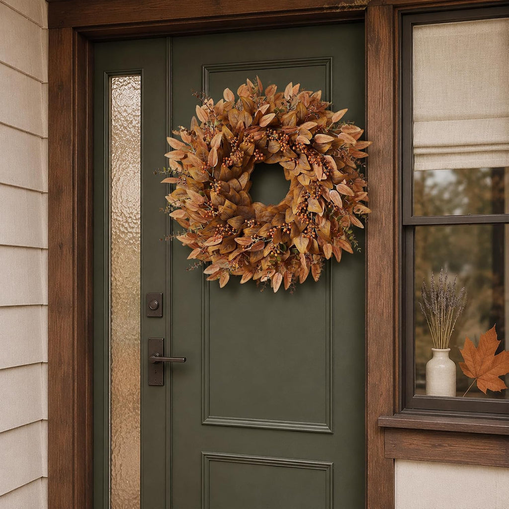 26" Fake Fall Eucalyptus Wreath with Berry for Front Door Decor(Orange)