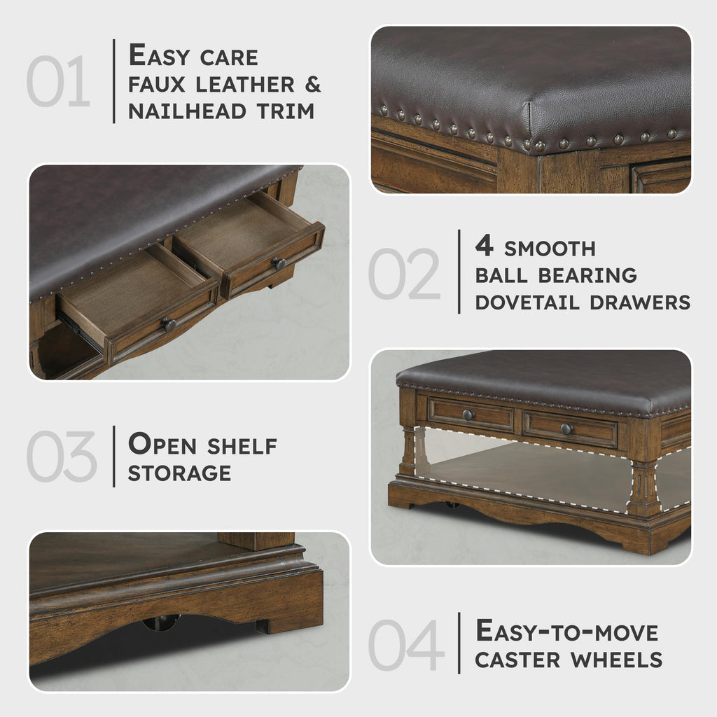 39" Square Storage Ottoman Coffee Table, Faux Leather, Brown