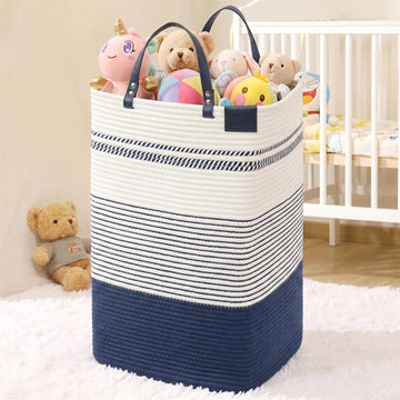 75L Woven Laundry Hamper with Long Leather Handles, Baby Laundry Basket , Tall Hampers Aesthetic, Decorative Clothes
