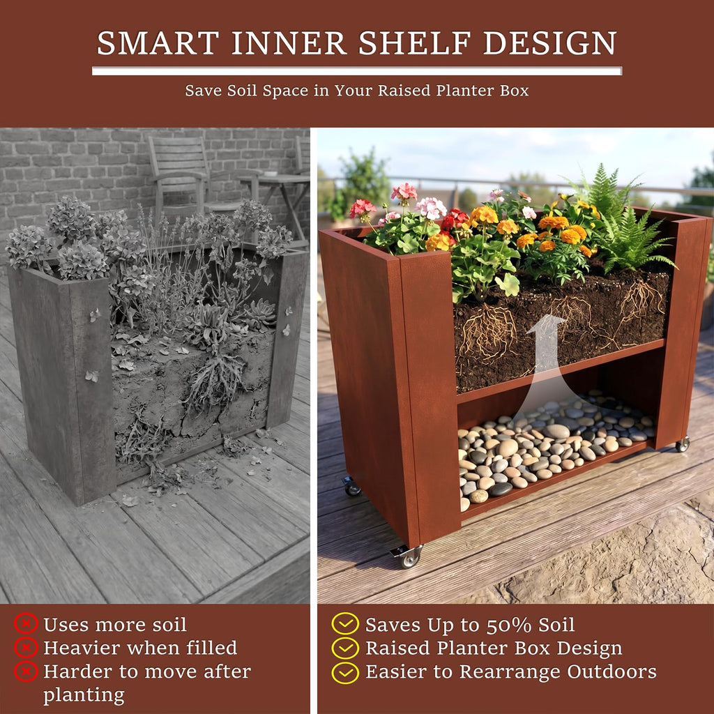 36" L x 12" W x 27" H Corten Steel Planter Box with Wheels