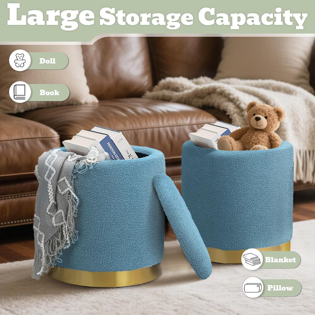 Boucle Round Storage Ottoman with Removable Lid, Small Upholstered Foot Rest Stool with Gold Plating Base, Living