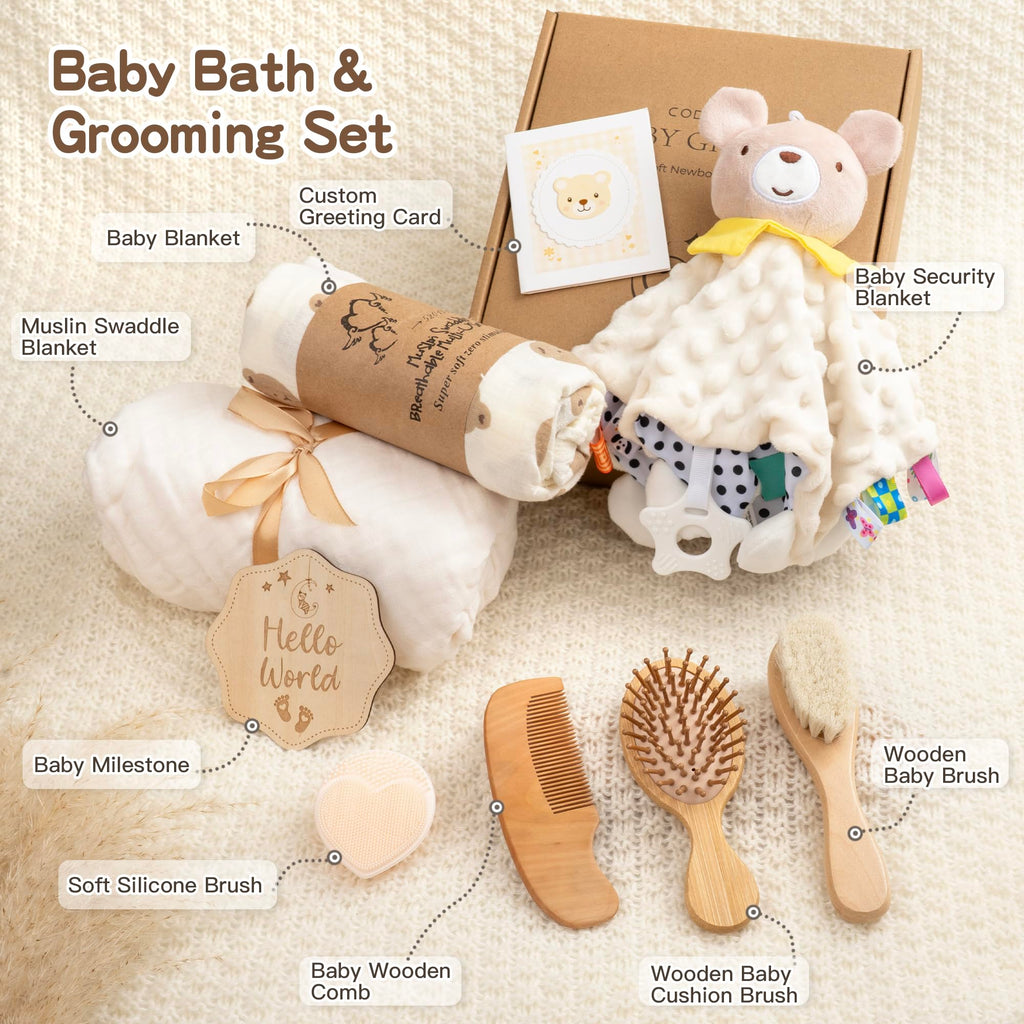 Newborn Baby Gift Set, Wooden Grooming Kit & Muslin Swaddle Blanket