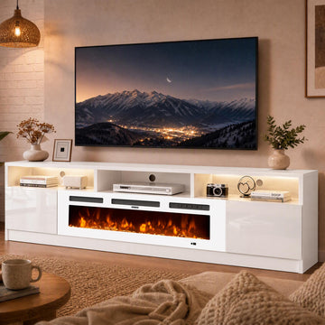 90" Tall TV Stand with 50" Electric Fireplace, Entertainment Center with 12-Color LED Lights & Adjustable Shelves