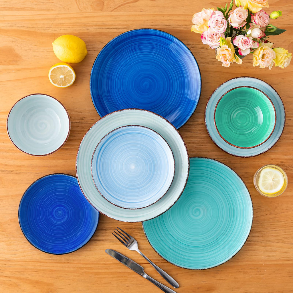 Bonita Plates and Bowls Set 18 Pieces Blue Stoneware Service for 6