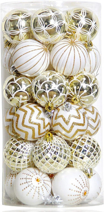 Christmas Balls Ornaments,60MM Gold&White Painted Shatterproof Festive Wedding Hanging Ornaments Christmas Tree - Set of 30