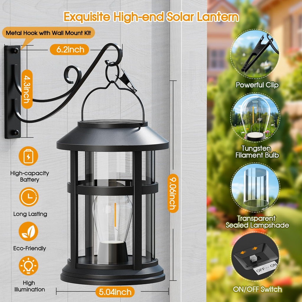 Solar Lanterns Outdoor Waterproof with Wall Mount Kit, Upgraded Brighter Hanging Solar Lights for Outside, Auto
