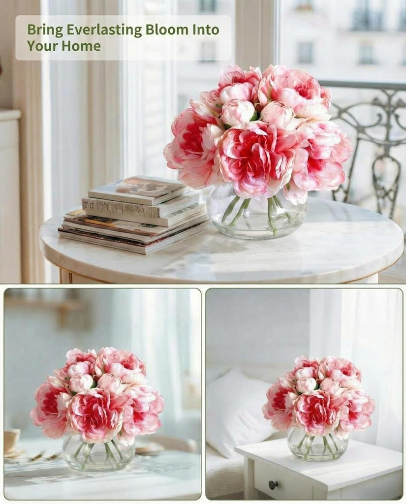 Artificial Peonies Flowers with Vase, Mixed Pink Silk Peony Bouquet with Faux Water in Glass Vase, Lifelike Fake