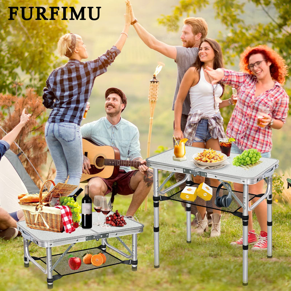 Small Folding Table with Storage Net, 24" x 16" Portable Foldable Camping Table with 3 Adjustable Height, White Metal