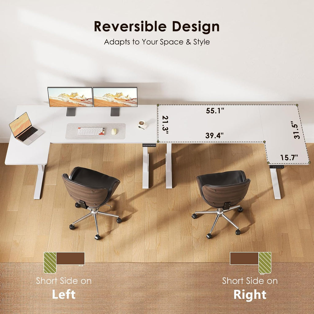55 Inch Reversible L Shaped Electric Standing Desk, White | Corner Height Adjustable Computer Table, Stand Up Desk