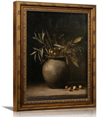 3D Textured Canvas Wall Art, Vintage Carved Gold Frame, Rustic Olive Still Life Art Bedroom Bathroom Farmhouse Home