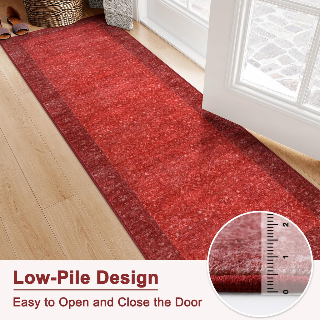 Red Kitchen Runner Rugs Non Skid Washable, Long Hallway Runner Rug 8 Ft, Ultra-Thin Vintage Red Carpet Runner