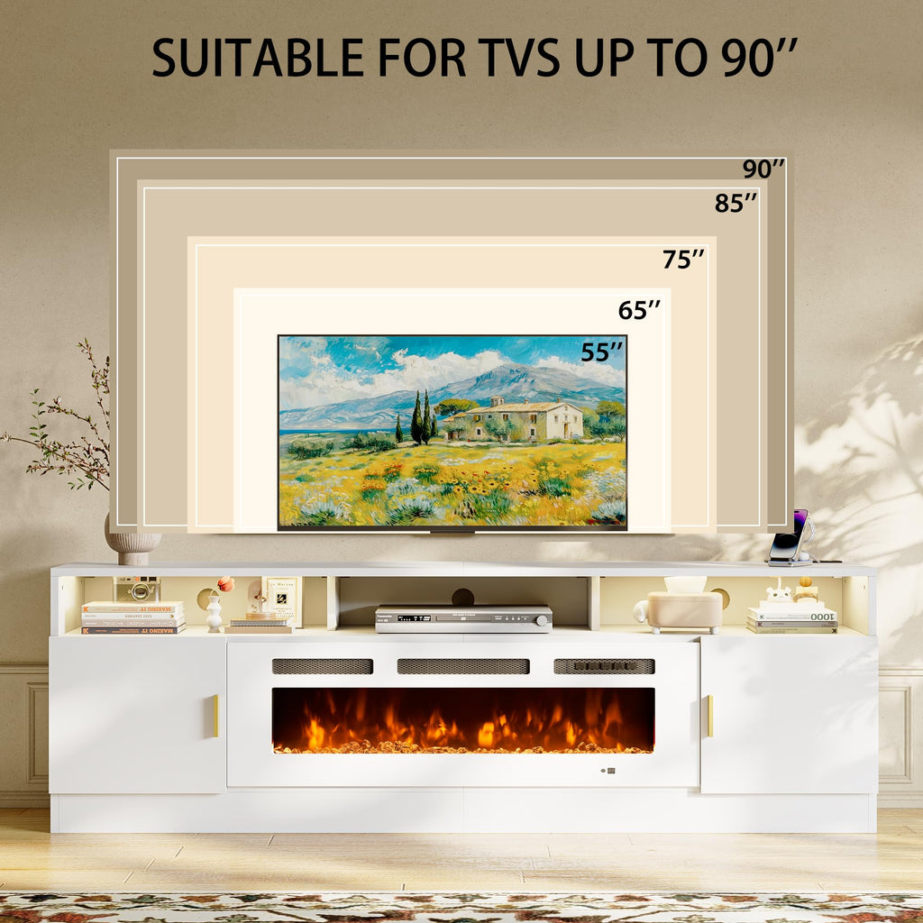 78" Fireplace TV Stand with Power Outlet for TVs Up to 90", Electric Fireplace Entertainment Center with LED Lights &