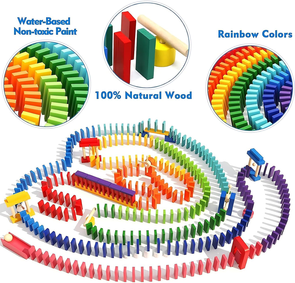 1200 PCS Wooden Dominoes Set with 11 Extra Add-on Domino Blocks & Storage Bag - Bulk Dominos Racing Game for Kids