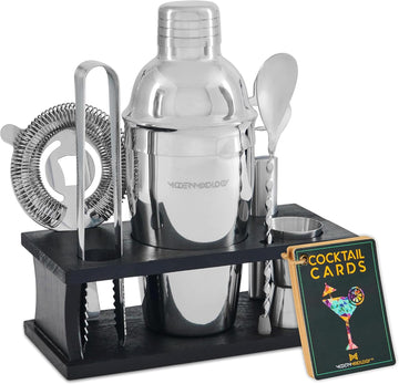 Cocktail Shaker Set - Bartender Kit with Pine Stand | Leak-Proof Design | Includes Martini Shaker, Jigger, Strainer