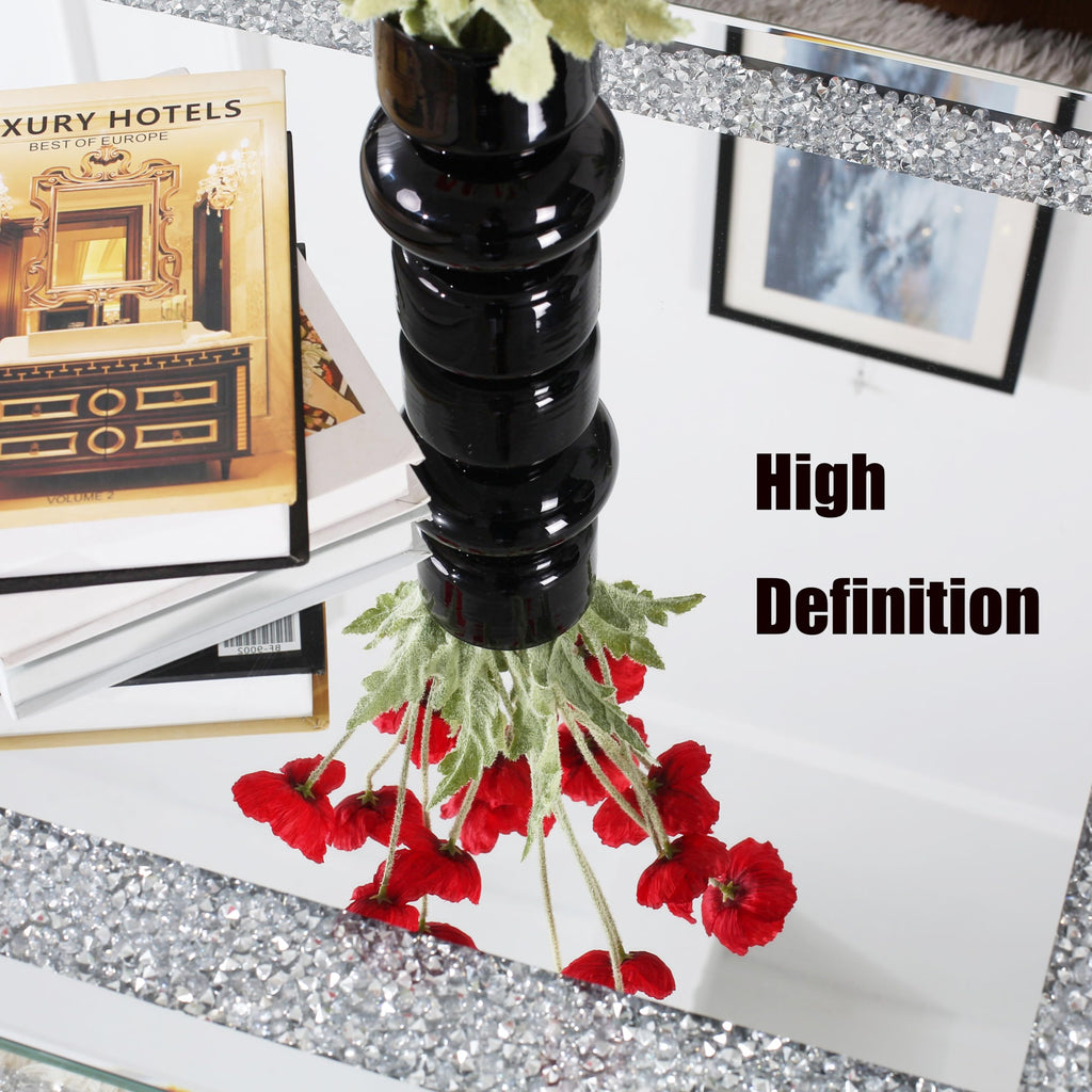 Silver Coffee Table with Crushed Crystal Border, Mirrored Glass