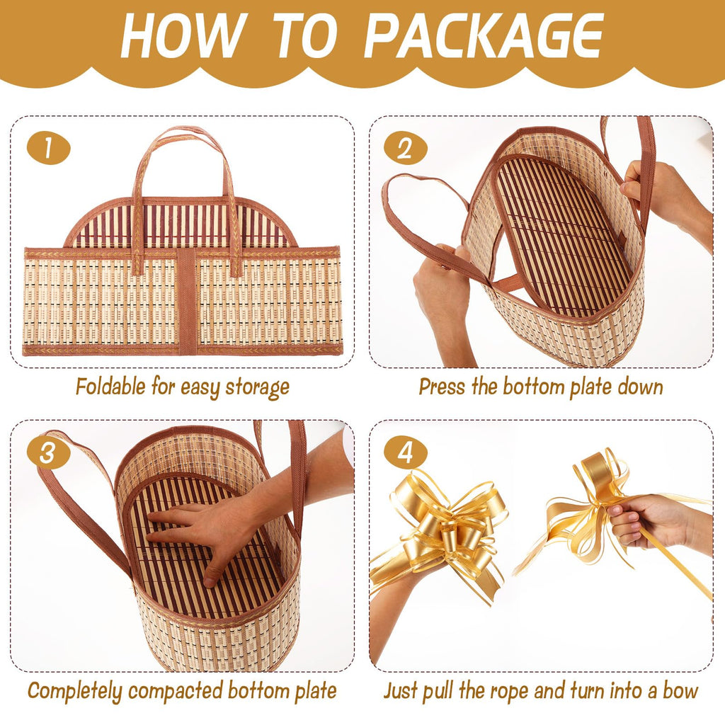 4 Set Baskets for Gifts Empty, Large Gift Empty Bamboo Basket with Handles, Foldable Woven Gift Basket with Wrap