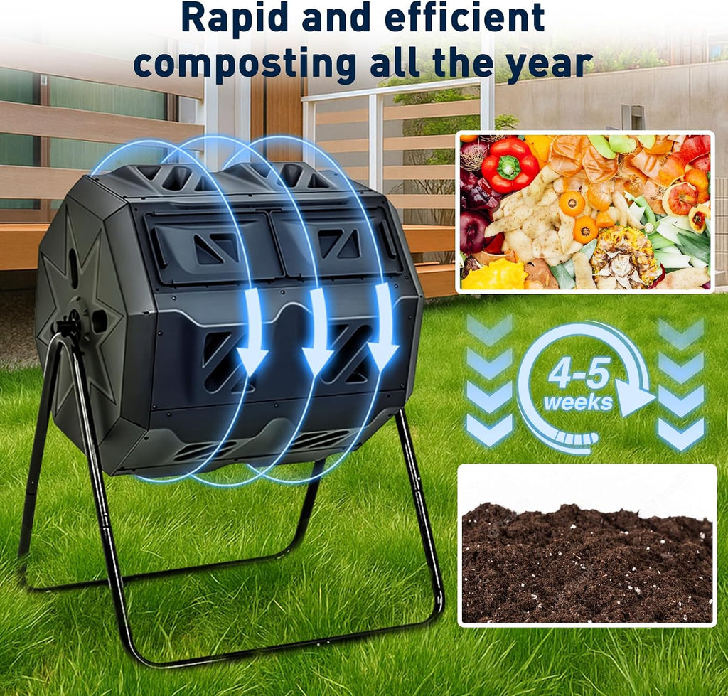 Dual Chamber Compost Bin Outdoor with Sliding Doors, 43 Gallon | 360° Rotating Tumbling Composter, Efficient