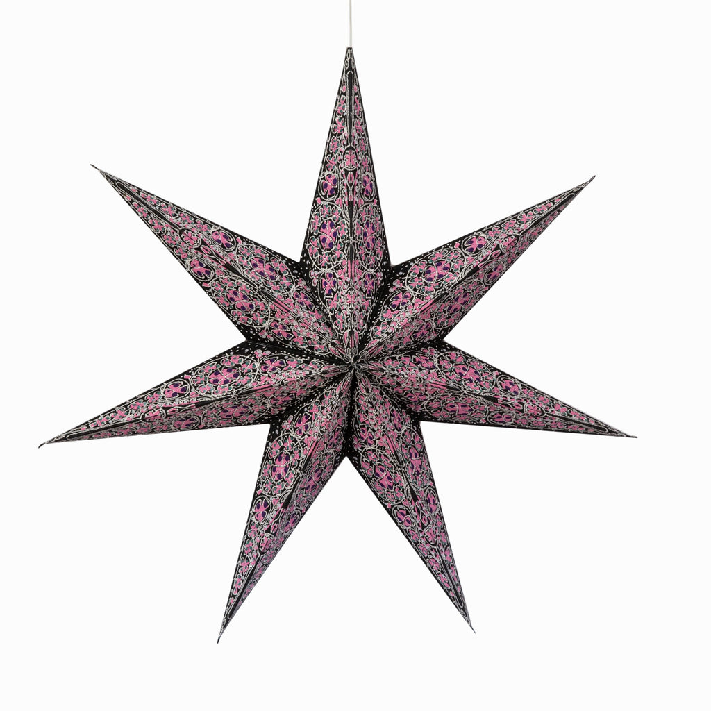 Inspired Noguchi Style Cathedral Paper Lantern Star Light - 7 Point Ø 24 inch - Black/Pink with Violet/Turquoise Tissue Inlay