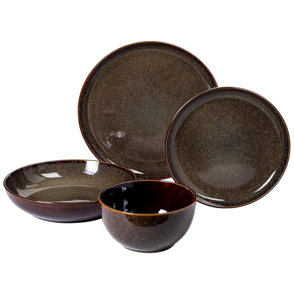 Edwina 16-Piece Double Bowl Dinnerware Set, Service for 4 - Dark Green Stoneware Plates and Bowls