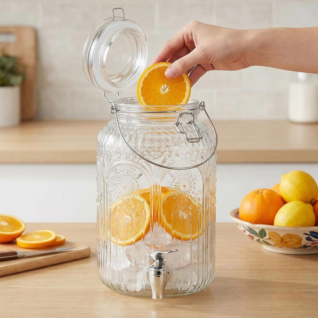 1 Gallon Glass Drink Dispenser with Lid and Spigot - Wide Mouth, Leak Proof Juice Pitcher- Vintage Beverage Dispenser