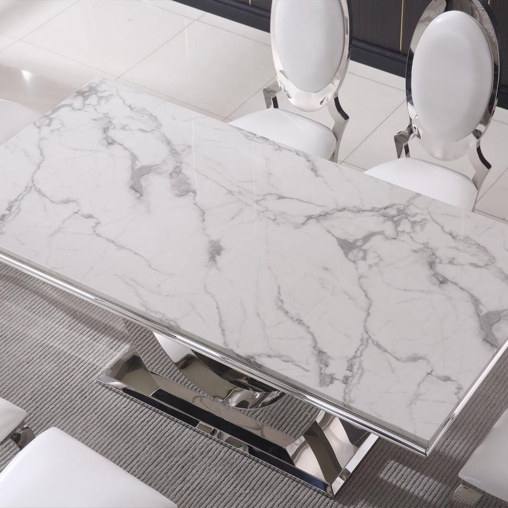 Modern Marble Dining Table for 4-8, Faux Marble Dining Table with U-Shaped Mirrored Finish Stainless Steel Base