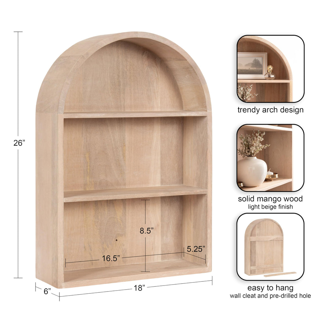 Arcott Modern Arched Wall Shelf, 18 x 26, Natural Wood, Transitional Arch Wall Shelves for Over-the-Toilet Storage or