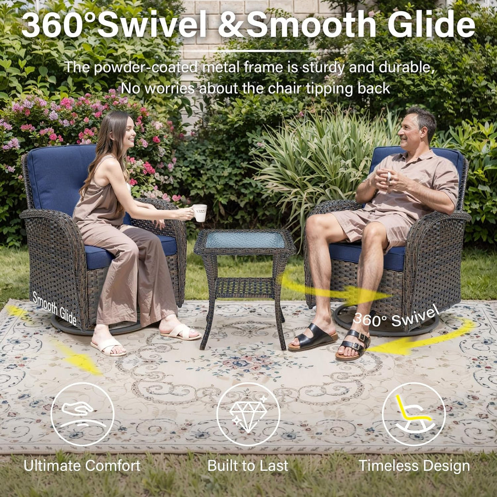 Patio Wicker Chairs Swivel Rocker - Outdoor Swivel Rocking Chairs Set of 2 with Rattan Side Table, Patio Swivel