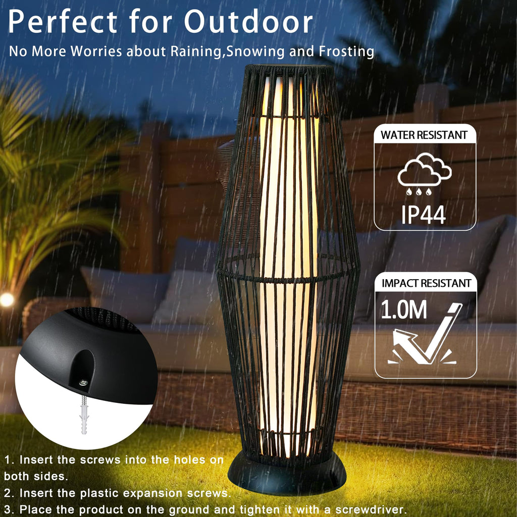 Outdoor Floor Lamp 2 Piece Solar Powered Lantern Wicker Solar Patio Lamp with Olifen Rope Waterproof Rattan Outside