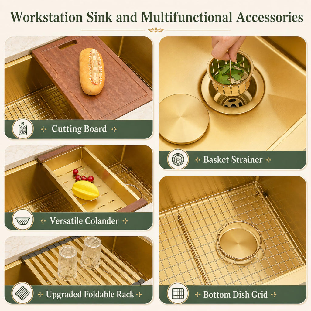 Gold Kitchen Sink Offset Drain, 33"X18" Undermount Single Bowl Sink