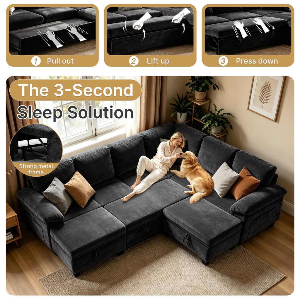 Oversized Sectional Sleeper Couch, 8 Seat Modular Sofa Pull-Out Storage Bed