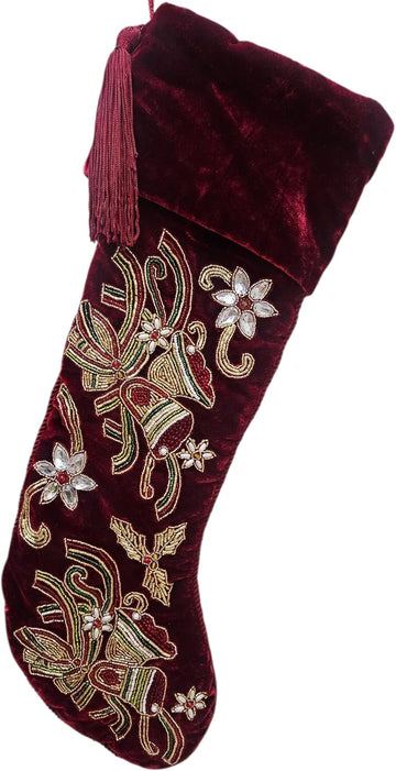 Christmas Stocking 21" x 7", Red Velvet Christmas Stocking with Gold Beaded Embroidery, Luxury Holiday Stocking with